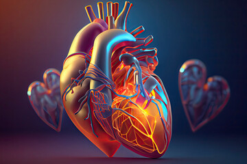 Human heart anatomy with dna abstract background. 3d illustration