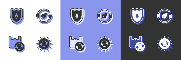 Set Solar energy panel, Shield with leaf, Shopping bag recycle and Electric saving plug icon. Vector