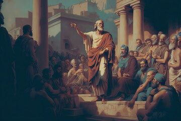 the philosopher Socrates preaching his philosophy in the streets of Athens. The scene captures Socrates' intellectual and charismatic presence,. Generative AI.
