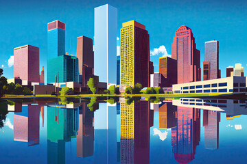 Houston Skyline with Color Buildings, Blue Sky and Reflections