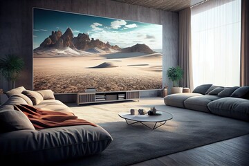 An Elegant Living Room with a Big TV Screen. Generative AI. Digital Art Illustration