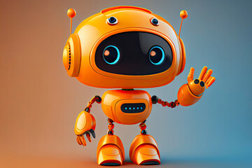 Friendly positive cute cartoon orange robot with smiling face waving its hand. Chatbot greets
