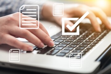 Online business signature concept. Hands on laptop
