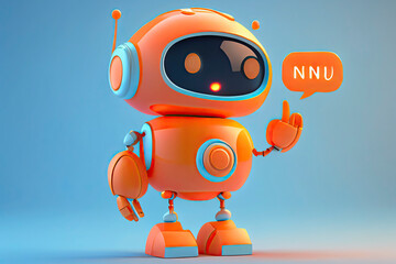Friendly positive cute cartoon orange robot with smiling face waving its hand. Chatbot greets