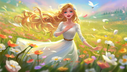 Fototapeta na wymiar Cartoon beautiful princess is smiling in the flower garden