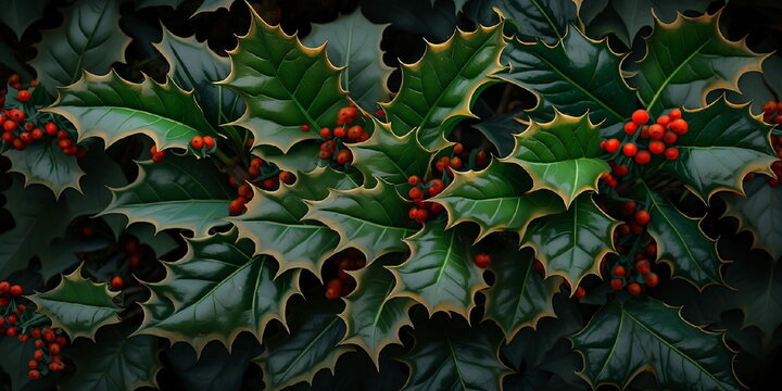 arri&egrave;re-plan panoramique compos&eacute; de feuilles de houx et de baies rouges - illustration ia