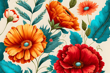 Seamless pattern with flowers, Design for fabric print made with Generative AI technology