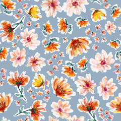 Garden Watercolour Floral Seamless Pattern, Hand painted Watercolour, Wildflowers, Twigs, Leaves, Buds. Design for fashion , fabric, textile, wallpaper, cover, web , wrapping and all prints 