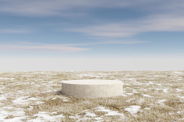 3d render platform background, Stone podium on ice snow ground and dry grass field in winter for product stand display advertising cosmetic beauty products or skincare with empty round stage