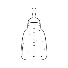 Baby bottle in hand drawn doodle style. Vector Illustration Isolated on white background. Coloring page.
