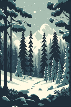 Winter landscape with coniferous forest and snow. Vector illustration.