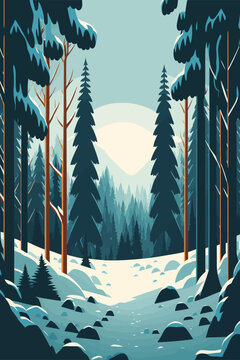 Winter forest landscape. Pine trees in the snow. Vector illustration.