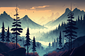 Mountainous morning with fog. Generative AI