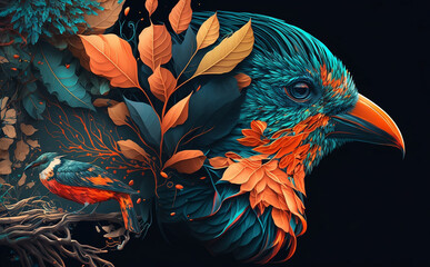 Colorful bird with leaves. Linear art illustration. Generative AI technology.