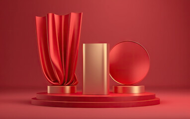 Red background for beauty products with a podium and a pedestal for product photography. Ideal shapes to highlight the merits of your product or logo. Based on Generative AI