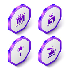 Set Isometric Blacksmith oven, Sledgehammer and Anvil and icon. Purple hexagon button. Vector