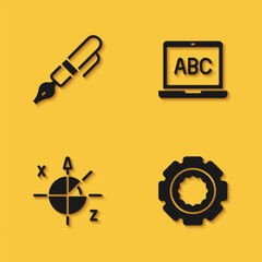 Set Fountain pen nib, Gear, Trigonometric circle and Laptop icon with long shadow. Vector
