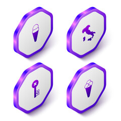 Set Isometric Ice cream in waffle, Map of Italy, Old key and icon. Purple hexagon button. Vector