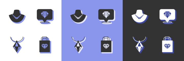 Set Shopping bag jewelry, Necklace on mannequin, Pendant necklace and Diamond icon. Vector