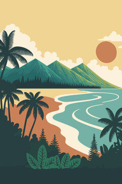 Fototapeta hawai Seascape with mountains and sea. Vector illustration in flat style