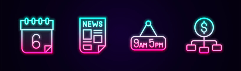 Set line Calendar, News, From 9 to 5 job and Hierarchy with dollar. Glowing neon icon. Vector