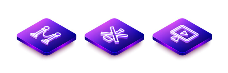 Fototapeta premium Set Isometric line Rope barrier, No alcohol and Online play video icon. Vector