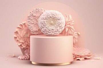 3D background, pink podium, stone display. Sakura pink flower tree branch with shadow. Floral Cosmetic or beauty product promotion step pedestal. Abstract minimal 3D render - generative ai