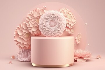 3D background, pink podium, stone display. Sakura pink flower tree branch with shadow. Floral Cosmetic or beauty product promotion step pedestal. Abstract minimal 3D render - generative ai