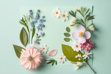 Bouquet of beautiful spring flowers on pastel blue table top view - generative ai
