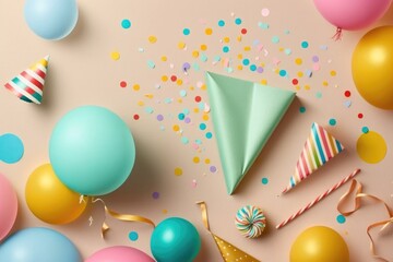 Birthday party banner or background with colorful balloon, gift, carnival cap, confetti, candy and streamer - generative ai