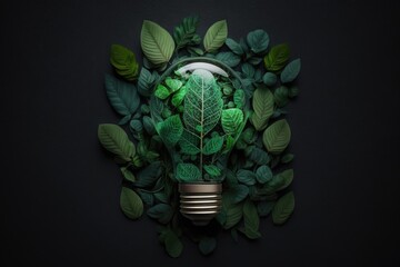 Green eco friendly lightbulb from fresh leaves top view. Energy saving, ecology and environment sustainable resources conservation concept - generative ai