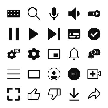 Set of simple video and music player icons for app web or program