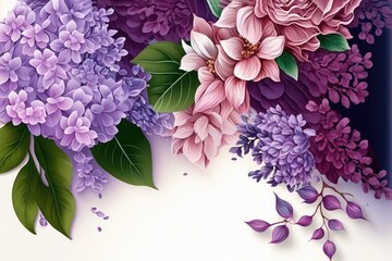 Lilac flowers border, purple and pink flowers - generative ai