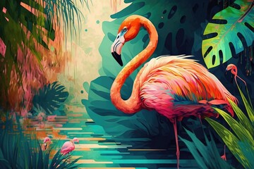 watercolor painting of a flamingo in the middle of tropical lakes - generative ai