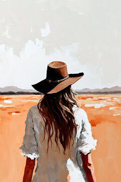 Bohemian painting of woman wearing a hat, the australian desert. Generative AI.