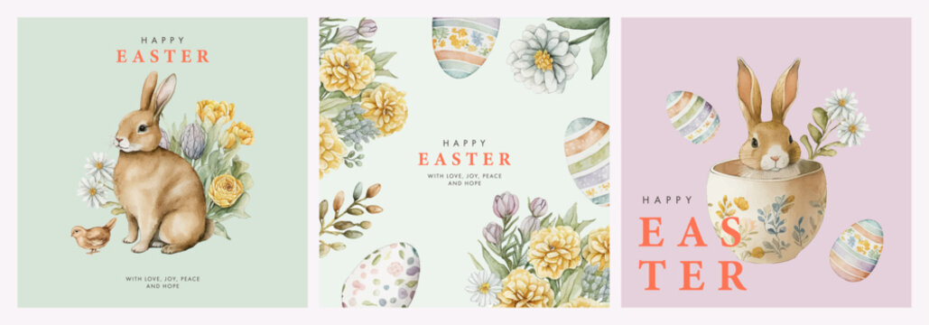 Happy Easter watercolor cards set with cute Easter rabbit, eggs, spring flowers and chick in pastel colors on light green, soft pink and white background. Isolated Easter watercolor decor elements