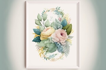 Watercolor floral illustration bouquet green blush blue yellow pink frame - generative ai