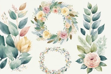 Watercolor floral illustration bouquet green blush blue yellow pink frame - generative ai
