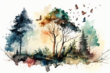 Obraz na płótnie Canvas watercolor painting of a forest landscape with birds - generative ai