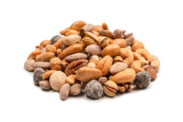 A group of almonds, pistachios, walnuts, macadamia, cashews.
