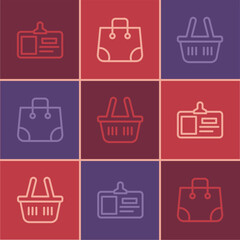 Set line Identification badge, Shopping basket and Paper shopping bag icon. Vector