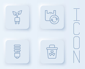 Set line Electric saving plug in leaf, Shopping bag with recycle, LED light bulb and Infectious waste. White square button. Vector