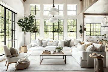 Modern bright white farmhouse living room. generative IA - obrazy, fototapety, plakaty