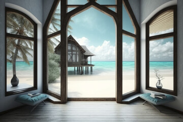 Fototapeta na wymiar 3d wallpaper view of the sea and a bungalow from the window of a beach house