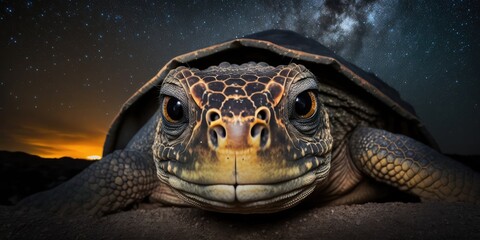 Fototapeta na wymiar A cute turtle on a midnight sky. Generative AI