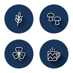 Set line Leaf, Mushroom, Clover and Cup of tea with long shadow. Blue circle button. Vector