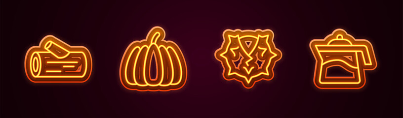 Set line Wooden log, Pumpkin, Chestnut and Teapot. Glowing neon icon. Vector