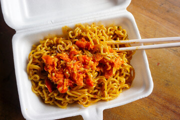 Stock photo of noodles with vegetables and vegetable broth