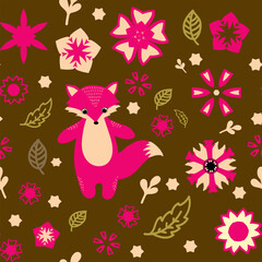 Seamless pattern with decorative flowers and a fox. Vector file for designs.