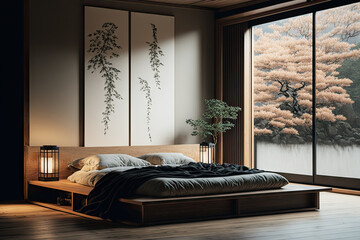 Japanese style hardwood bed, frame, and furnishings in a zen inspired bedroom. Generative AI